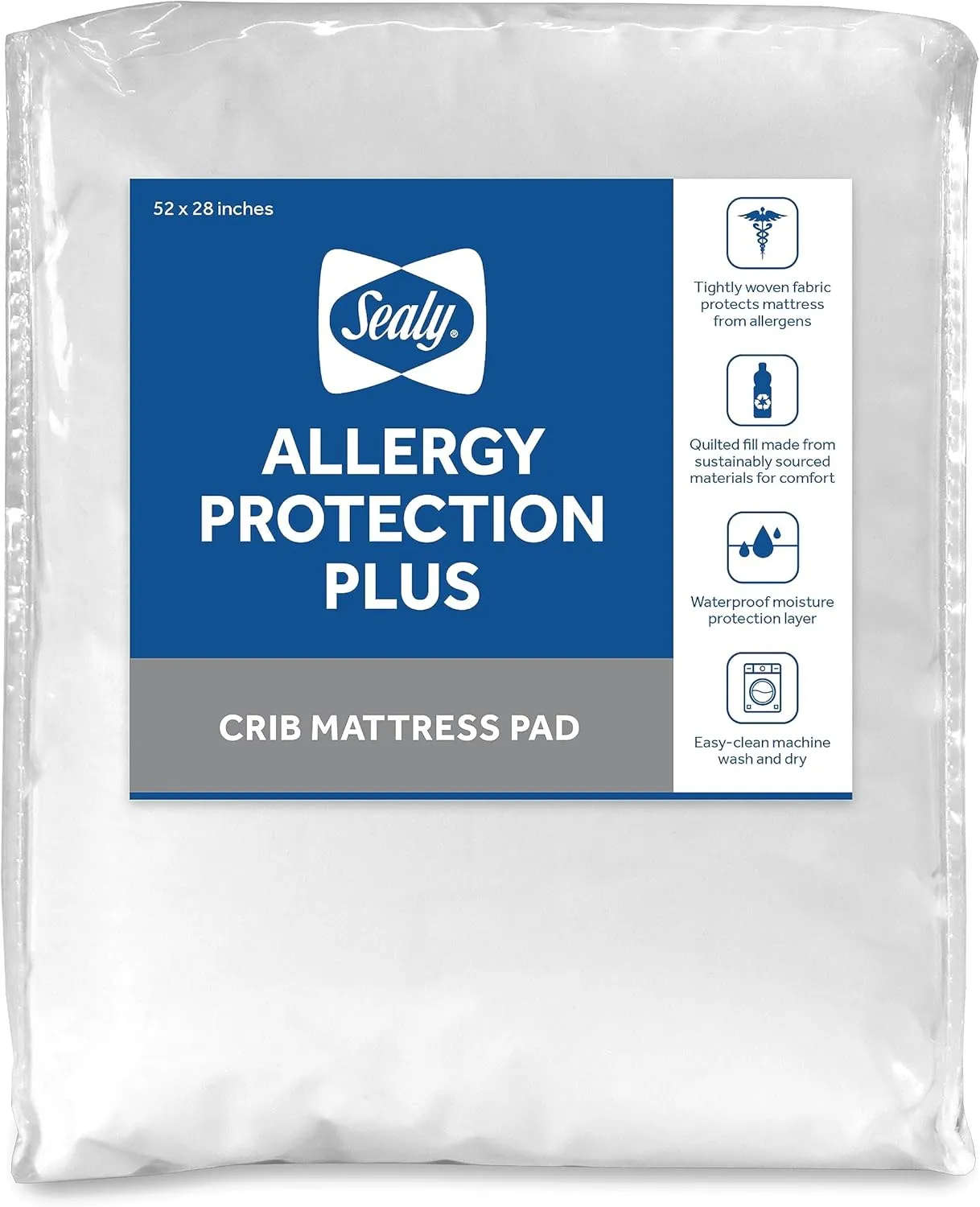 Sealy Baby Allergy Protection Plus Fitted Waterproof Infant Crib Mattress Protector Pad and Toddler Bed Cover, Durable & Comfortable Topper, Machine Washable and Dryer Friendly, 52” x 28”- White