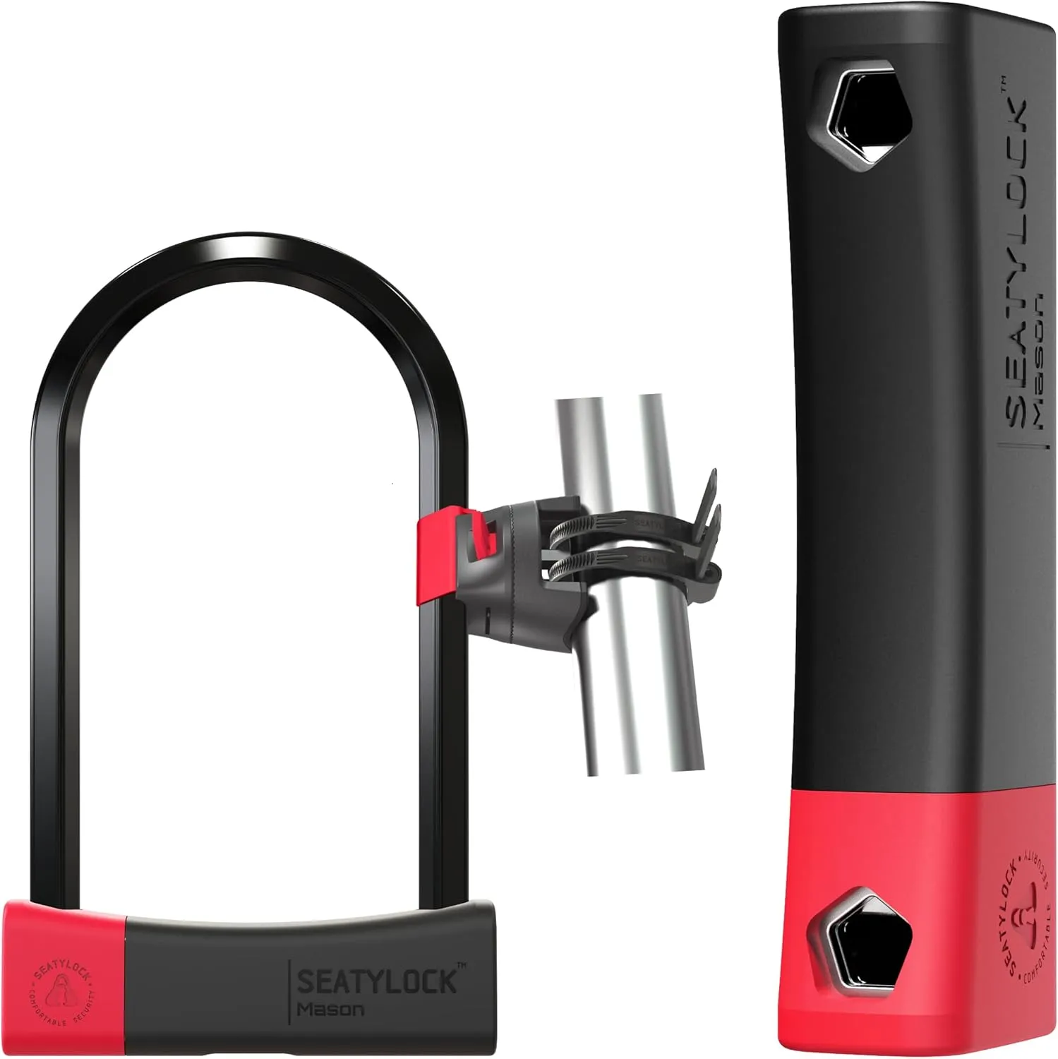 Seatylock Mason Bike U Lock and Mount Holder Kit - Patented Heavy Duty Anti Theft Diamond Secure ULock - Ultra Security Bicycle Safety Tool with Keys for City Electric or Mountain Bikes and Scooters