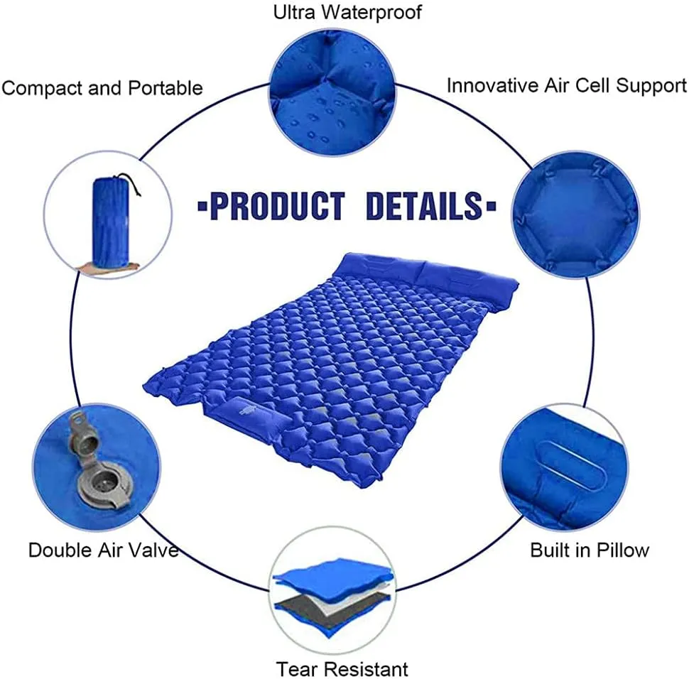 Self Inflating Double Camping Mat with Foot Pump, 2 People Ultralight Portable Camping Sleeping Mat with Pillow, Waterproof Folding Camp Roll Pad for Backpacking, Hiking, and Traveling