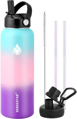 SENDESTAR Water Bottle 32oz Double Wall Vacuum Insulated Leak Proof Stainless Steel Sports Water Bottle—Wide Mouth with New Flex Straw Lid & Spout Lid (Hydrangea)