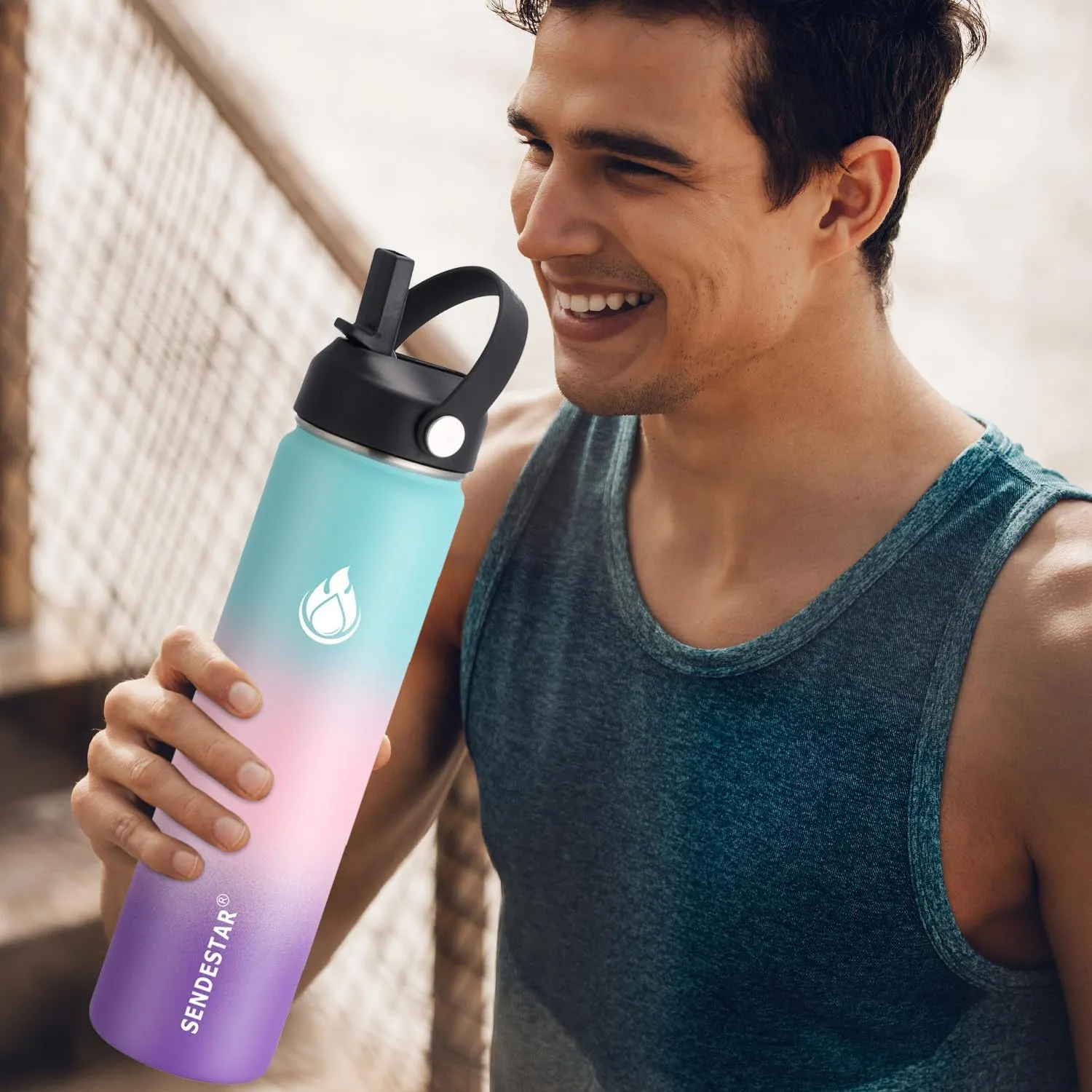 SENDESTAR Water Bottle 32oz Double Wall Vacuum Insulated Leak Proof Stainless Steel Sports Water Bottle—Wide Mouth with New Flex Straw Lid & Spout Lid (Hydrangea)