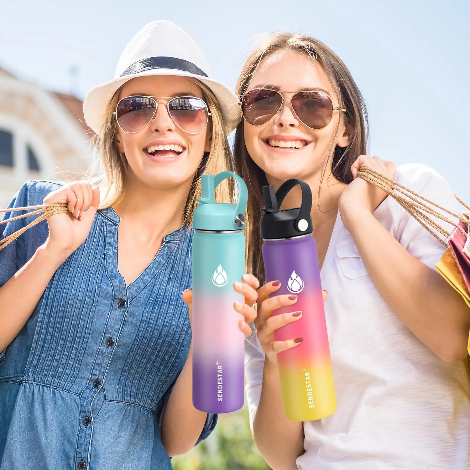 SENDESTAR Water Bottle 32oz Double Wall Vacuum Insulated Leak Proof Stainless Steel Sports Water Bottle—Wide Mouth with New Flex Straw Lid & Spout Lid (Hydrangea)