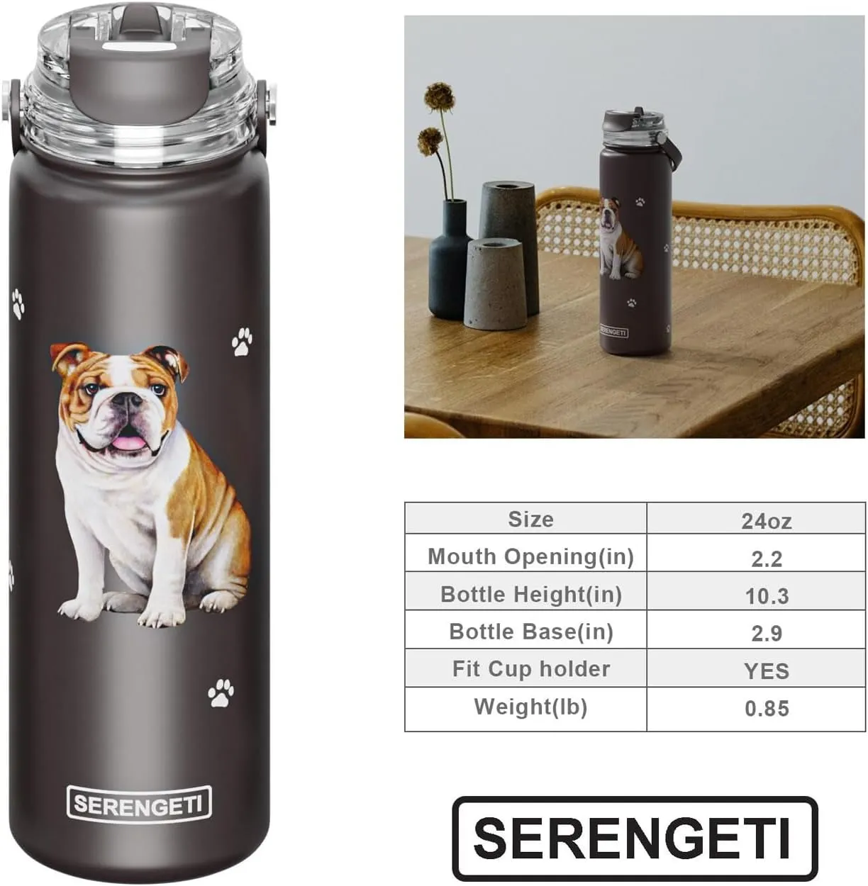 SERENGETI 24 Oz Water Bottle Stainless Steel with Spill Proof Lid - Double walled Vacuum Insulated water flask - Realistic 3D Print of your favorite dog (Beagle)