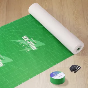 Sheeldify HX-Film Temporary Floor Protection - Surface Paint Cover for Hardwood Floor, Plastic Sheeting -39" x 100' Protector, 1.88"x164' Edge Tape, 3 Cutter, Set of 3, Green (A180G Pro Kit)