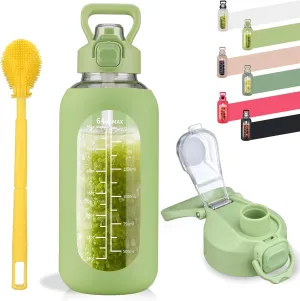 SIEROZUR 64 oz Glass Water Bottle with Straw and Handle, Half Gallon Sports Large Water Bottle with Time Marker and Silicone Sleeve, Leakproof Glass Drinking Bottle for Gym, Travel, Workout, Green