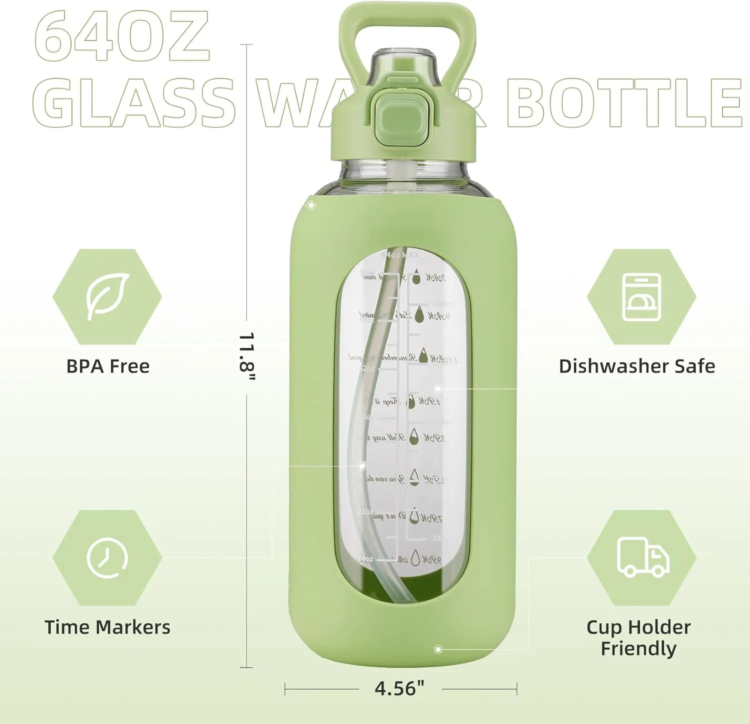 SIEROZUR 64 oz Glass Water Bottle with Straw and Handle, Half Gallon Sports Large Water Bottle with Time Marker and Silicone Sleeve, Leakproof Glass Drinking Bottle for Gym, Travel, Workout, Green