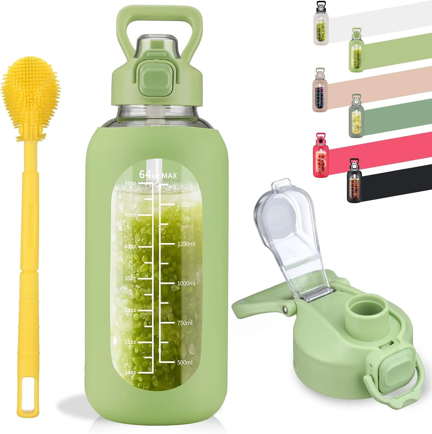 SIEROZUR 64 oz Glass Water Bottle with Straw and Handle, Half Gallon Sports Large Water Bottle with Time Marker and Silicone Sleeve, Leakproof Glass Drinking Bottle for Gym, Travel, Workout, Green
