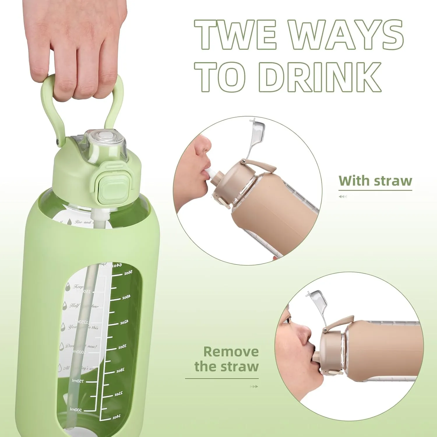 SIEROZUR 64 oz Glass Water Bottle with Straw and Handle, Half Gallon Sports Large Water Bottle with Time Marker and Silicone Sleeve, Leakproof Glass Drinking Bottle for Gym, Travel, Workout, Green