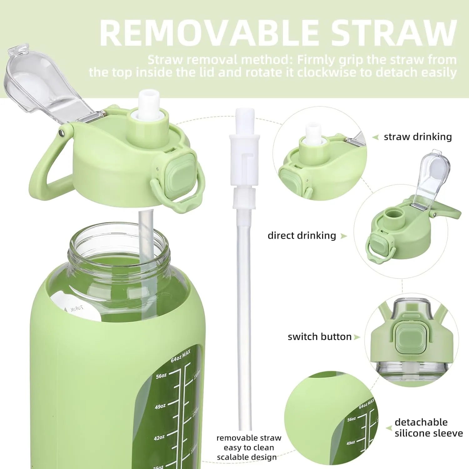 SIEROZUR 64 oz Glass Water Bottle with Straw and Handle, Half Gallon Sports Large Water Bottle with Time Marker and Silicone Sleeve, Leakproof Glass Drinking Bottle for Gym, Travel, Workout, Green