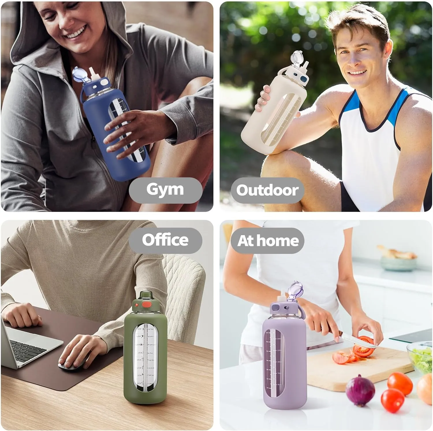 SIEROZUR 64 oz Glass Water Bottle with Straw and Handle Large Sports Motivational Water Bottle Flask with Time Marker Leakproof Water Jug with Silicone Sleeve for Gym