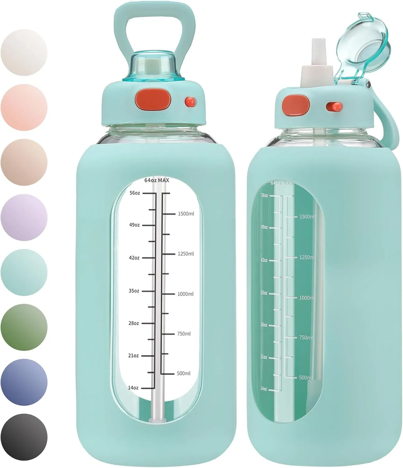 SIEROZUR 64 oz Glass Water Bottle with Straw and Handle Large Sports Motivational Water Bottle Flask with Time Marker Leakproof Water Jug with Silicone Sleeve for Gym