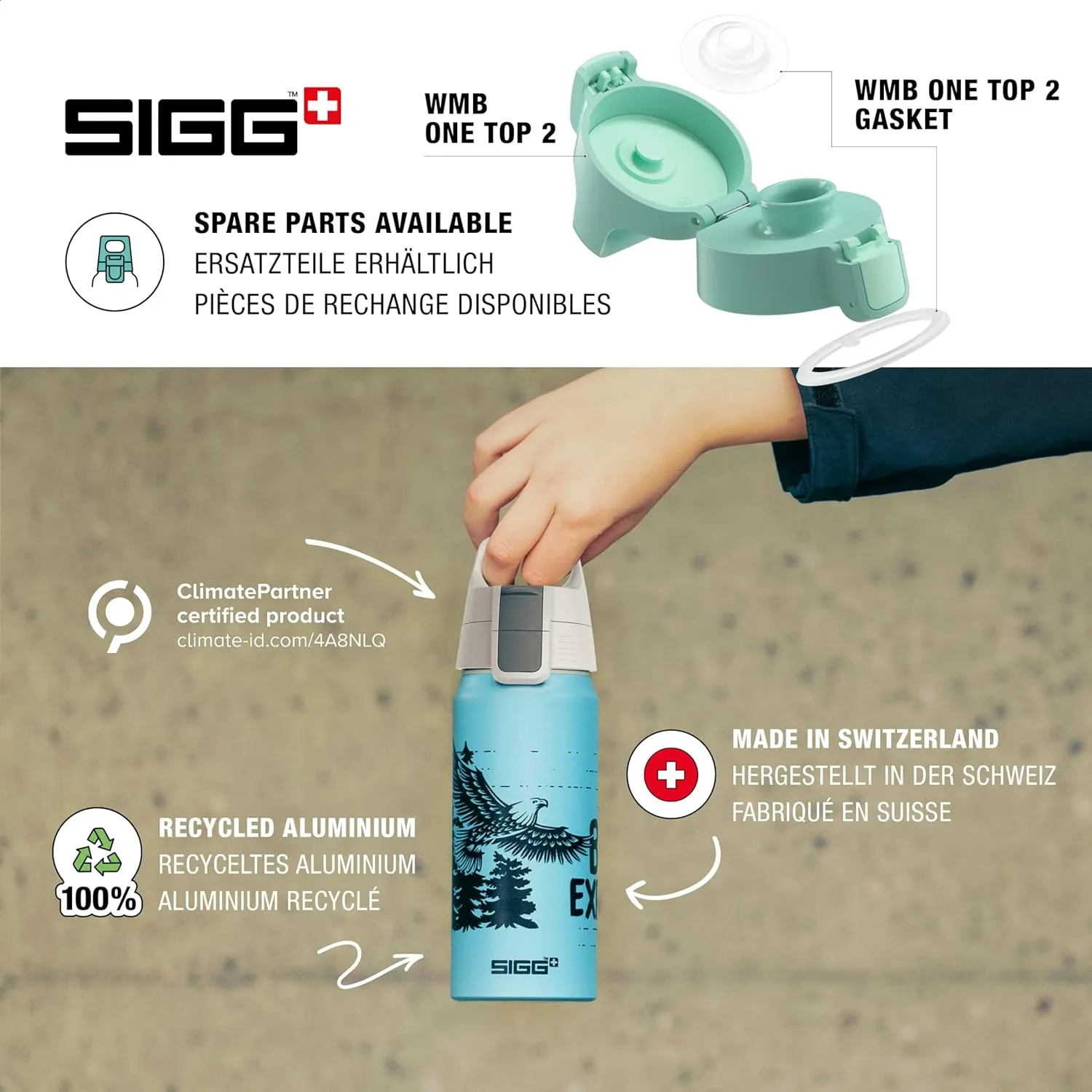 SIGG - Aluminium Water Bottle For Kids - WMB ONE Race - Suitable For Carbonated Drinks - Leakproof - Lightweight - BPA Free - Climate Neutral Certified - School & Sports - Glacier - 20 Oz
