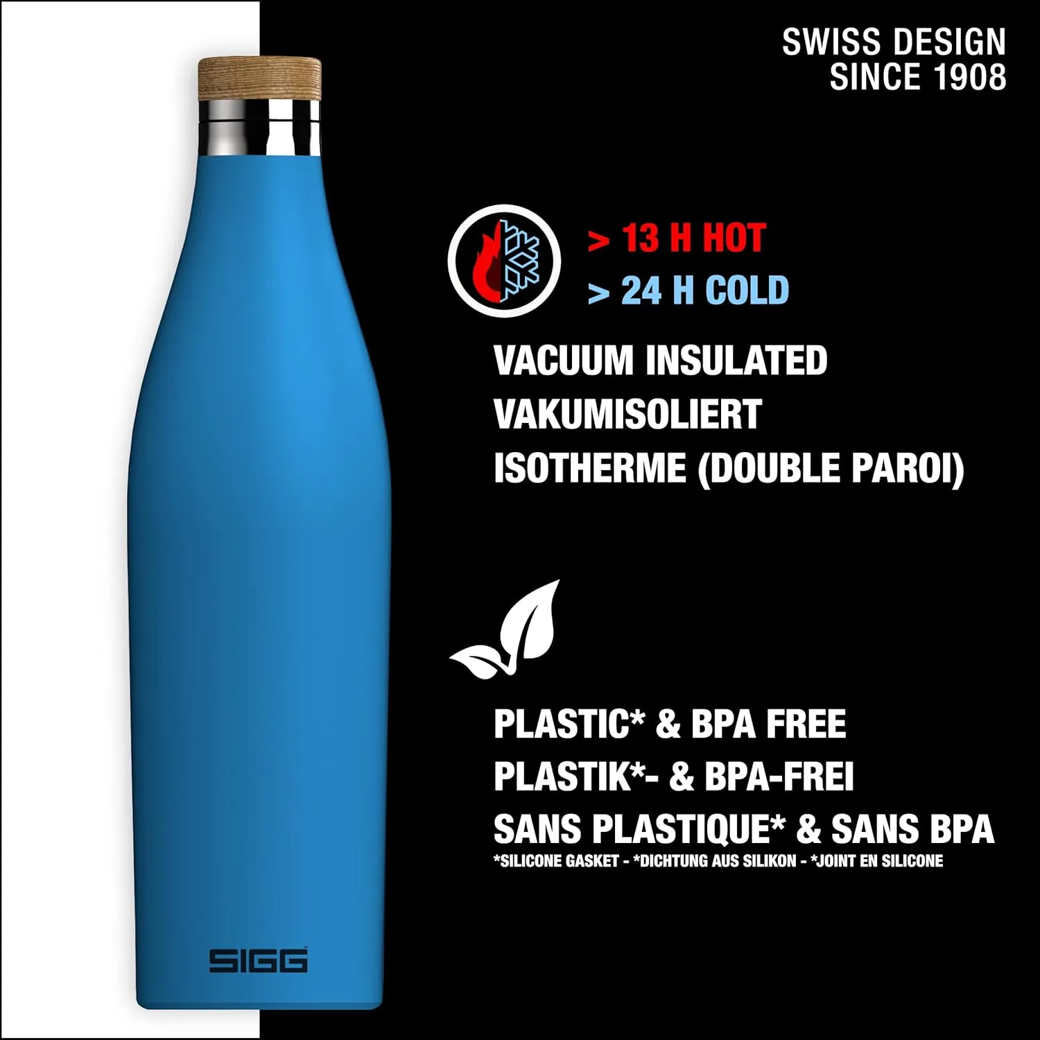 SIGG - Insulated Water Bottle - Meridian Electric Blue - Leakproof & Extra-Slim - BPA Free - Plastic Free - 18/8 Stainless Steel - Double Walled - Bamboo Screw Top - Blue - 17 Oz
