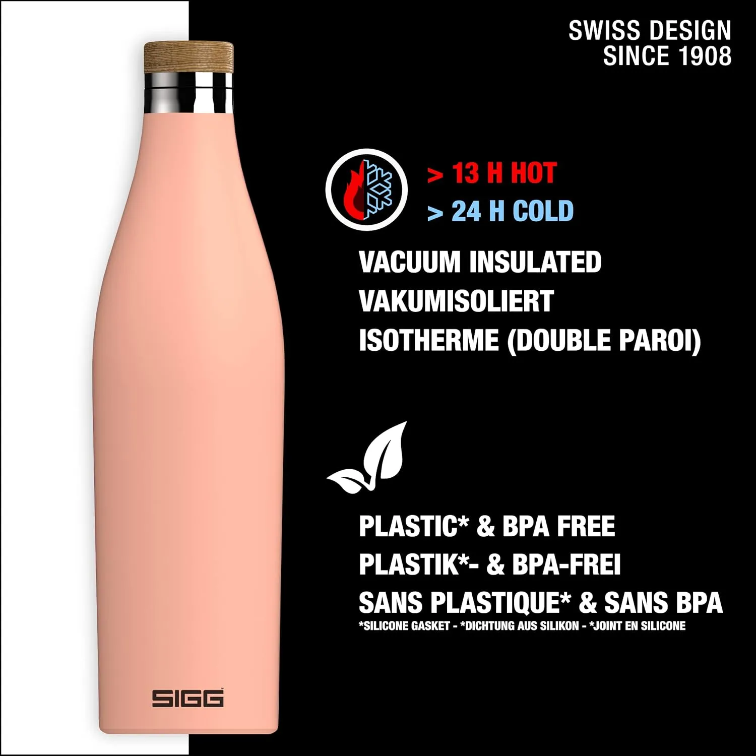 SIGG - Insulated Water Bottle - Meridian Shy Pink - Leakproof & Extra-Slim - BPA Free - Plastic Free - 18/8 Stainless Steel - Double Walled - Bamboo Screw Top - Pink - 24 Oz