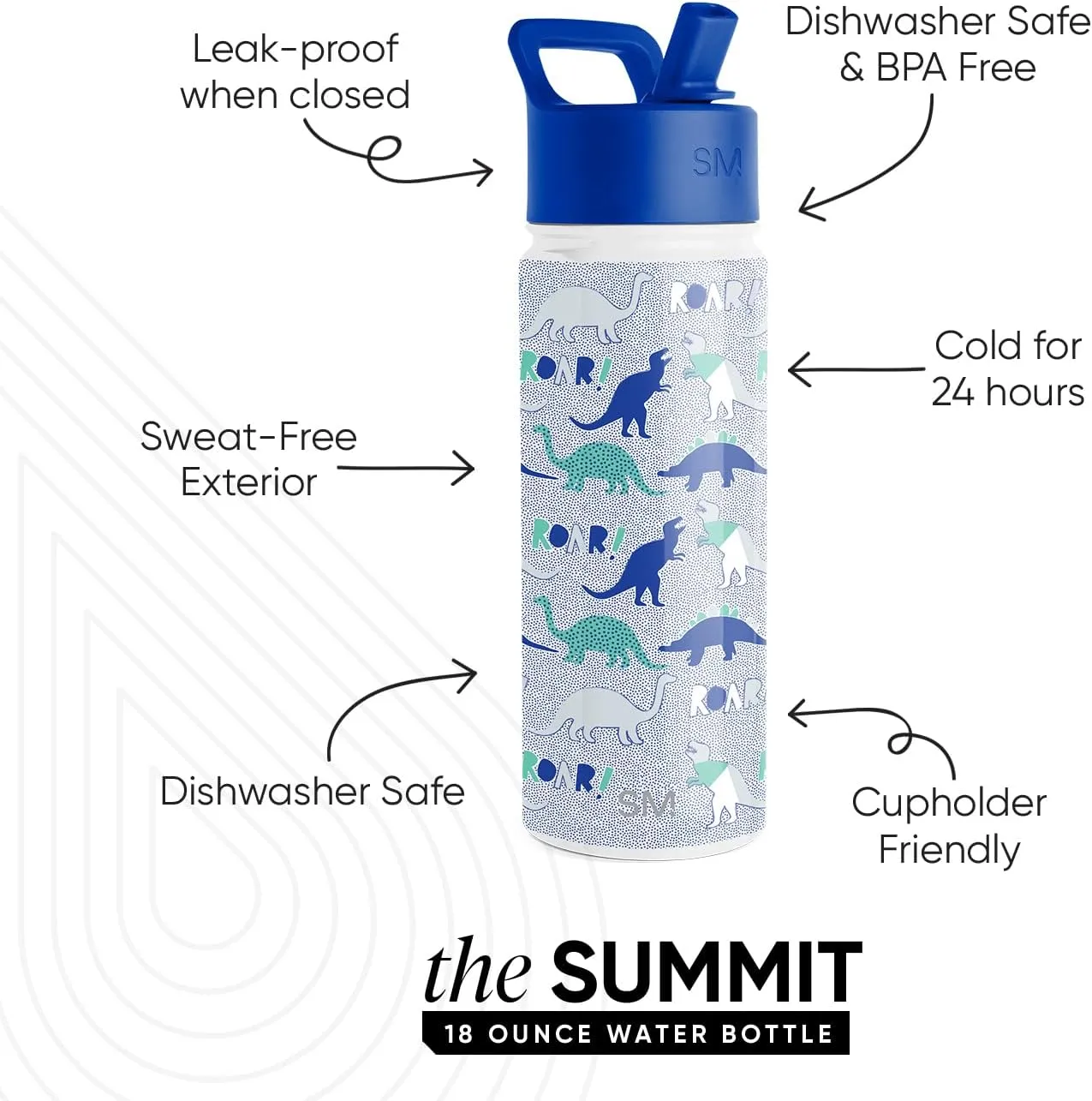 Simple Modern Kids Summit Water Bottle with Straw Lid | 18oz Stainless Steel Cup Insulated Tumbler for Toddlers, School | Dinosaur Roar