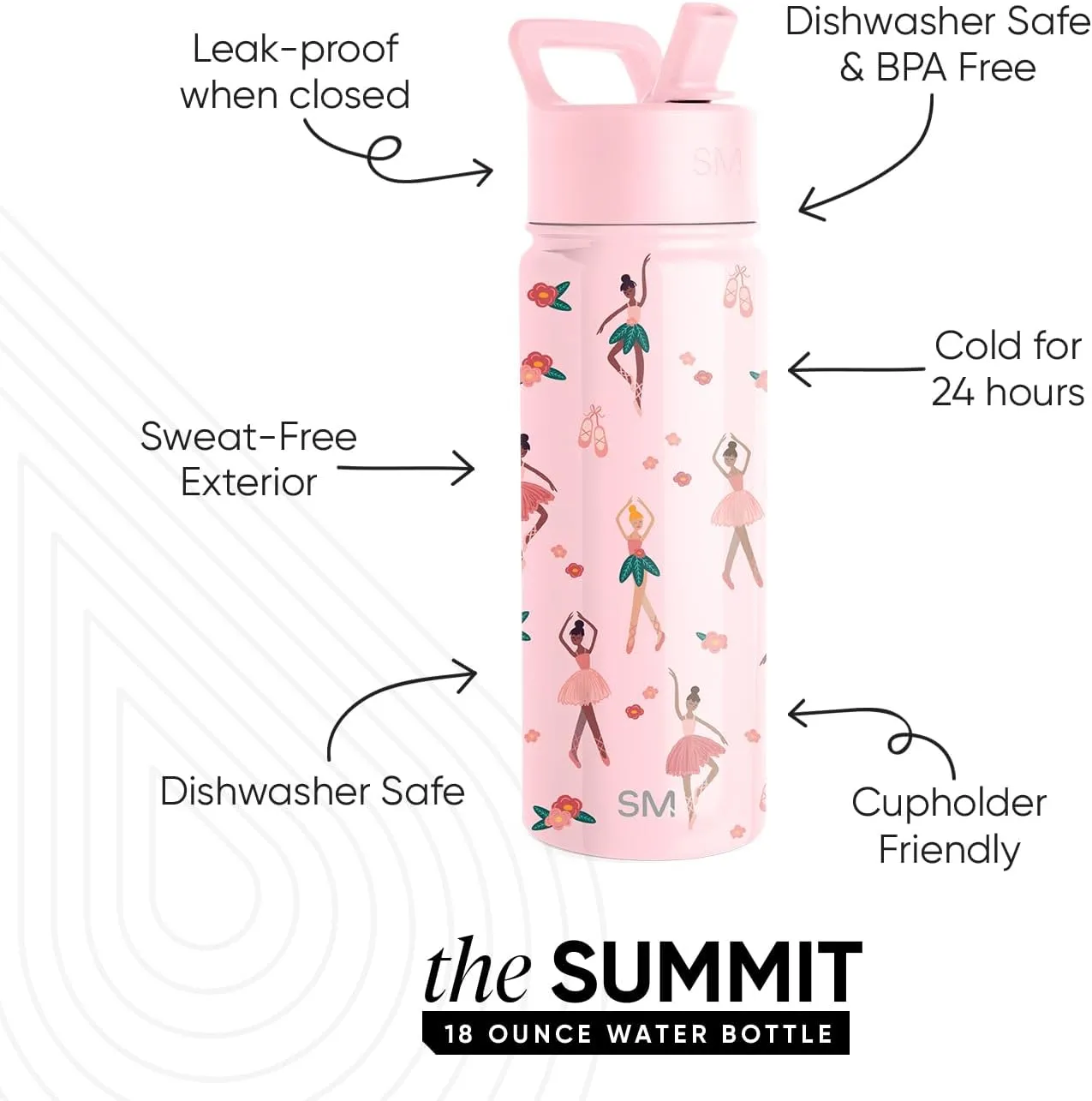 Simple Modern Kids Summit Water Bottle with Straw Lid | 18oz Stainless Steel Cup Insulated Tumbler for Toddlers, School | Pink Ballerina
