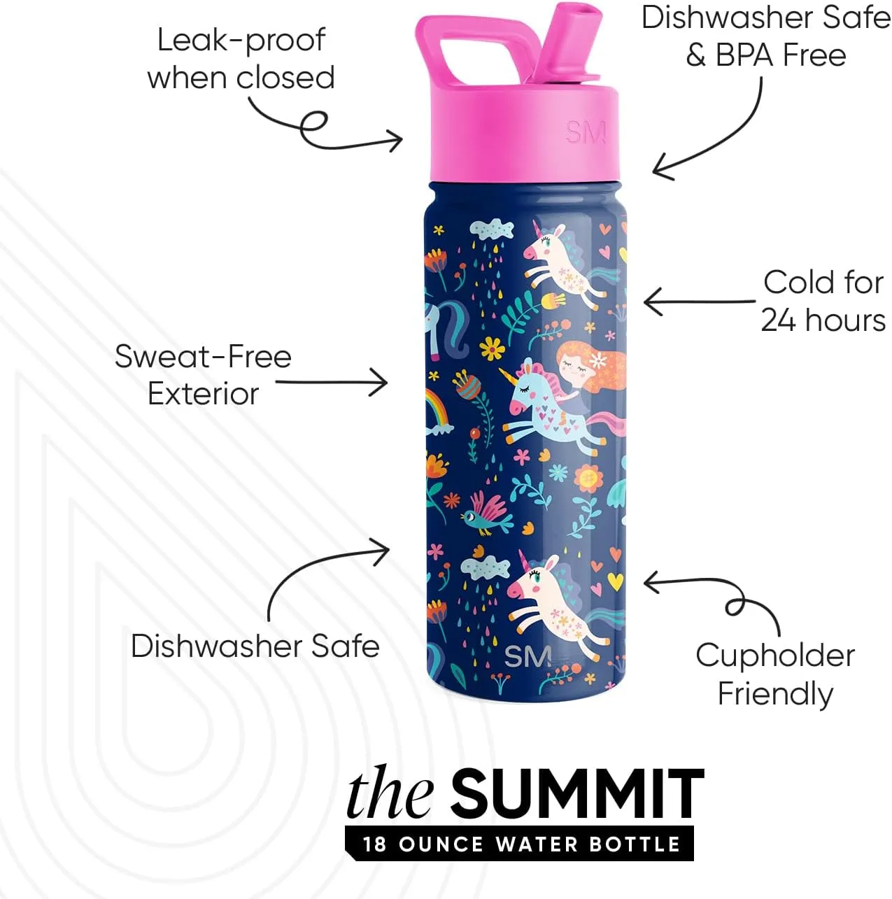 Simple Modern Kids Summit Water Bottle with Straw Lid | 18oz Stainless Steel Tumbler for Toddlers, School | Unicorn Rainbows