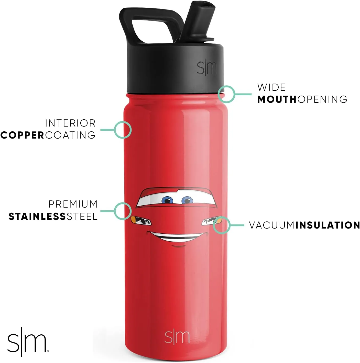 Simple Modern Kids Summit Water Bottle with Straw Lid | Disney Pixar Lightning McQueen 18oz Stainless Steel Cup Insulated Tumbler for Boys, School | Cars Ka-chow