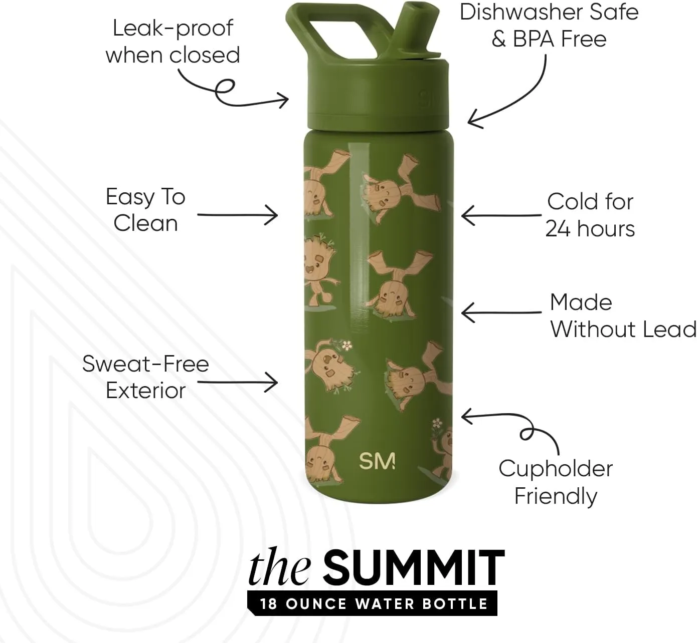 Simple Modern Kids Summit Water Bottle with Straw Lid | Marvel 18oz Stainless Steel Cup Insulated Tumbler for Boys, Girls, School | I Am Groot