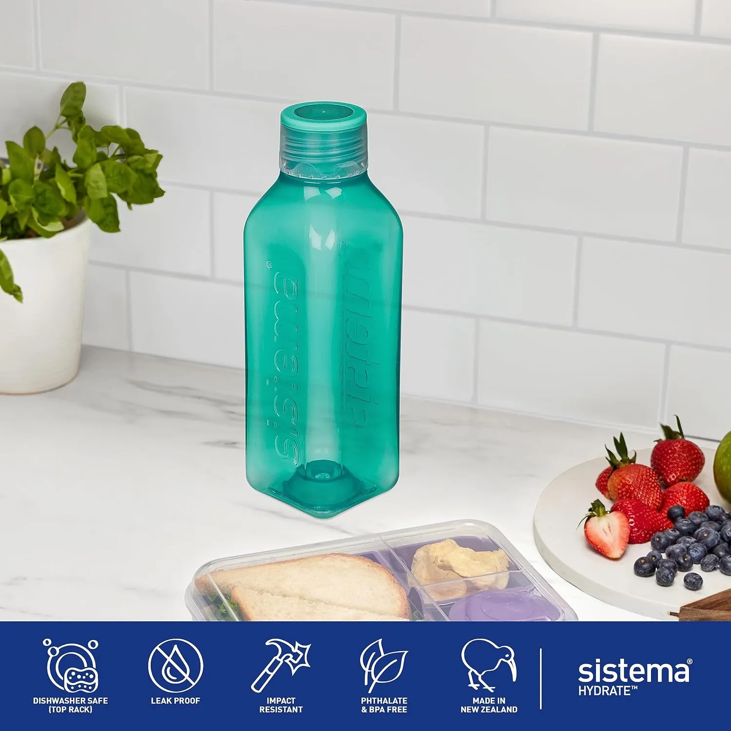 Sistema Square Water Bottles | 1L | Leakproof Kids Water Bottles | BPA-Free | Ocean Blue & Minty Teal | 2 Count