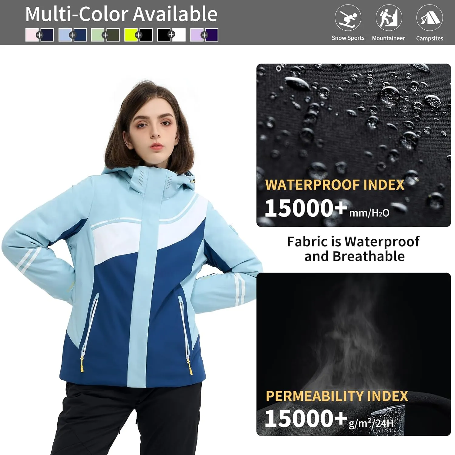 Ski Jacket Women Snowboard Coat Fitted Slim Fit Snow Short Windproof Waterproof Insulated Warm Removable Hood