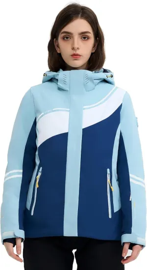 Ski Jacket Women Snowboard Coat Fitted Slim Fit Snow Short Windproof Waterproof Insulated Warm Removable Hood