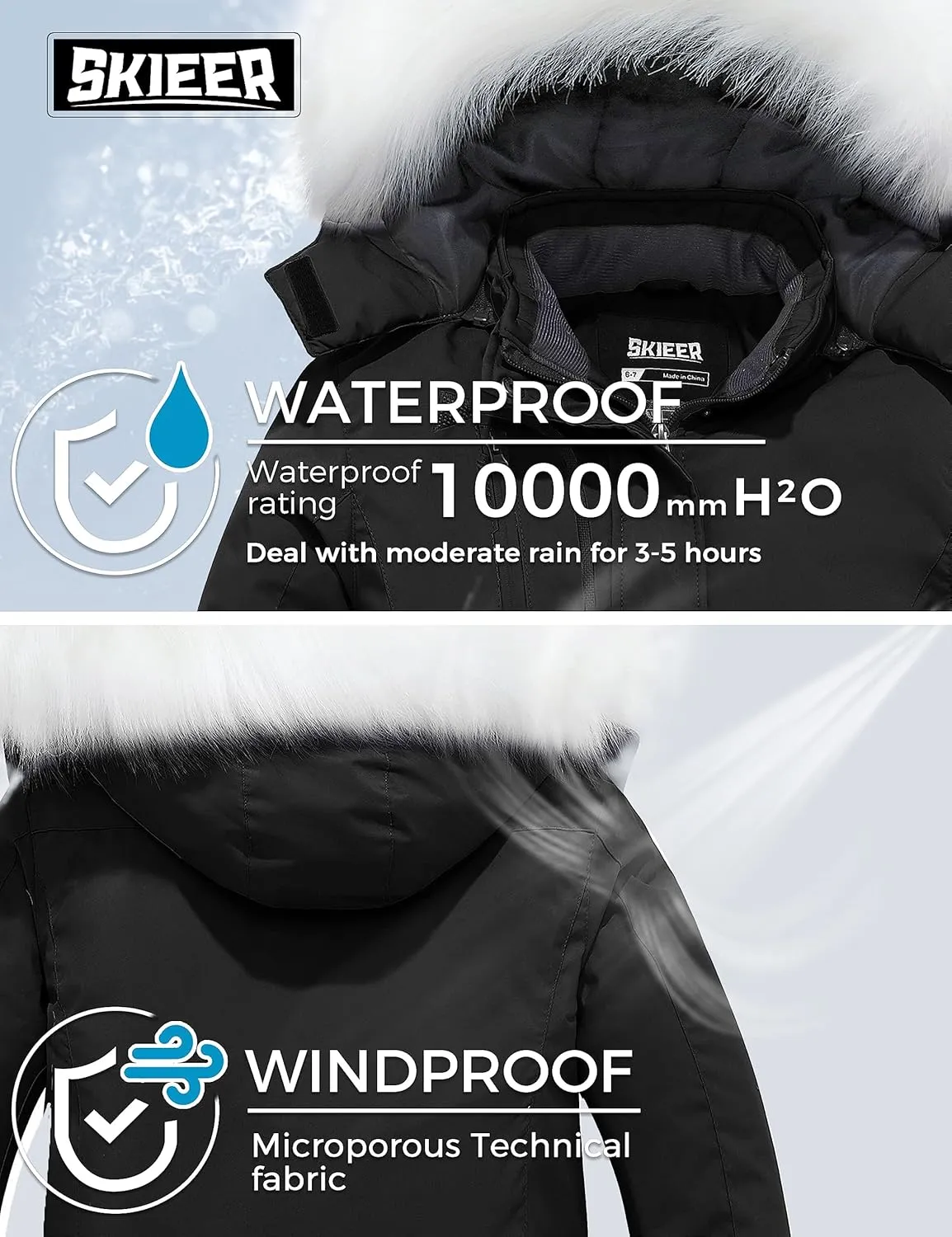 Skieer Girl's Waterproof Ski Jacket Windproof Winter Jacket Hooded Rain Coat