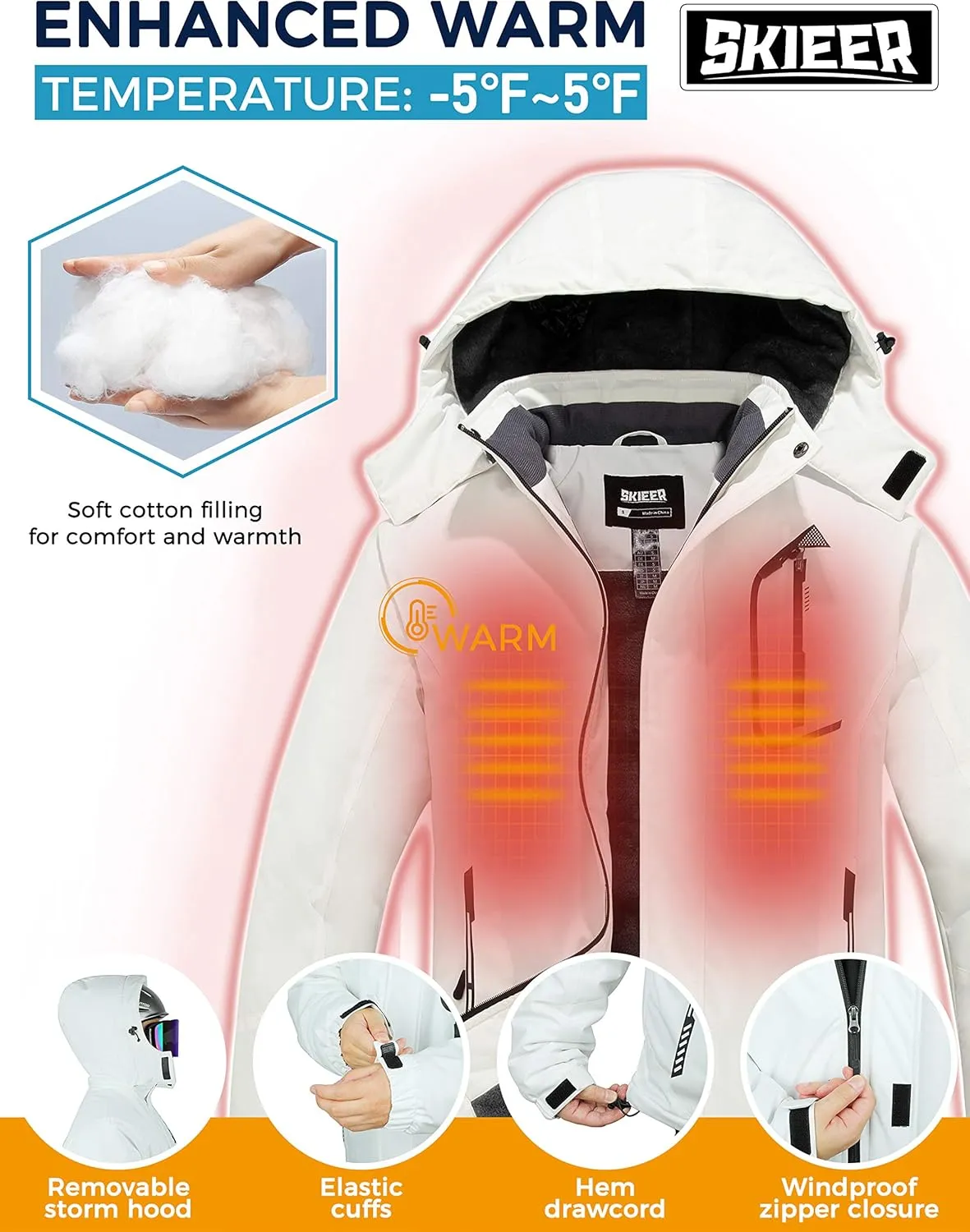 Skieer Men's Mountain Waterproof Ski Jacket Winter Rain Jacket Warm Fleece Snow Coat