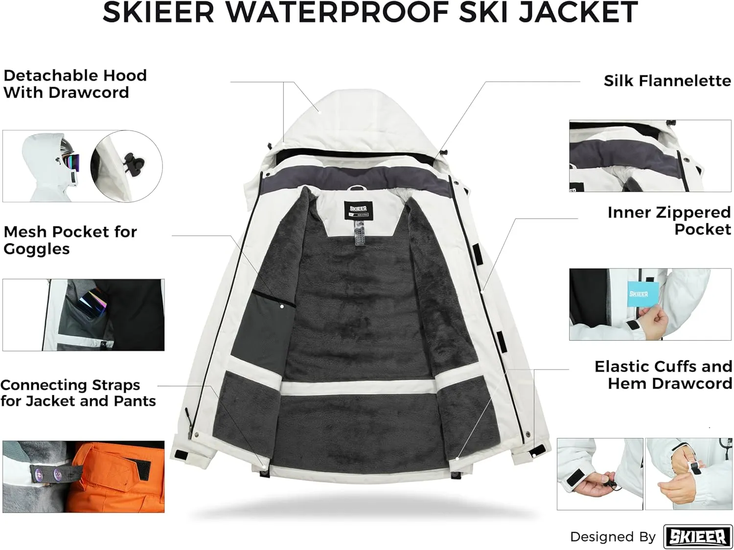 Skieer Men's Mountain Waterproof Ski Jacket Winter Rain Jacket Warm Fleece Snow Coat