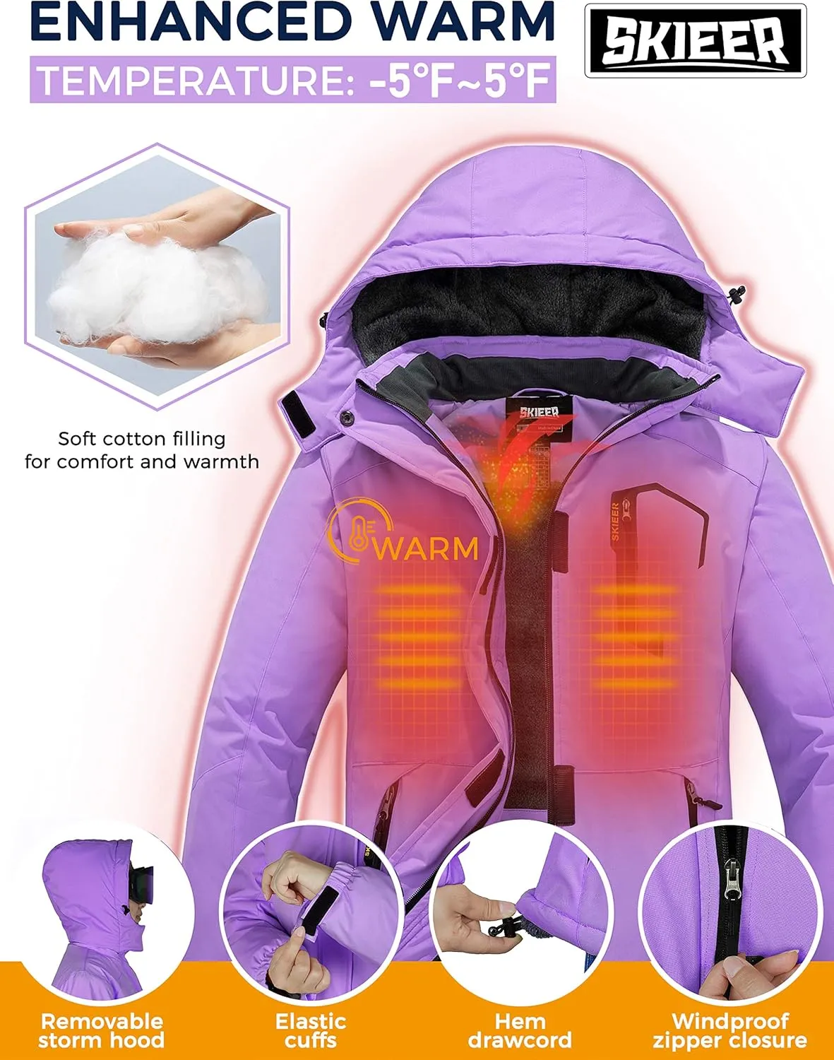 Skieer Women's Waterproof Ski Jacket Warm Winter Coat Fleece Snowboarding Coat