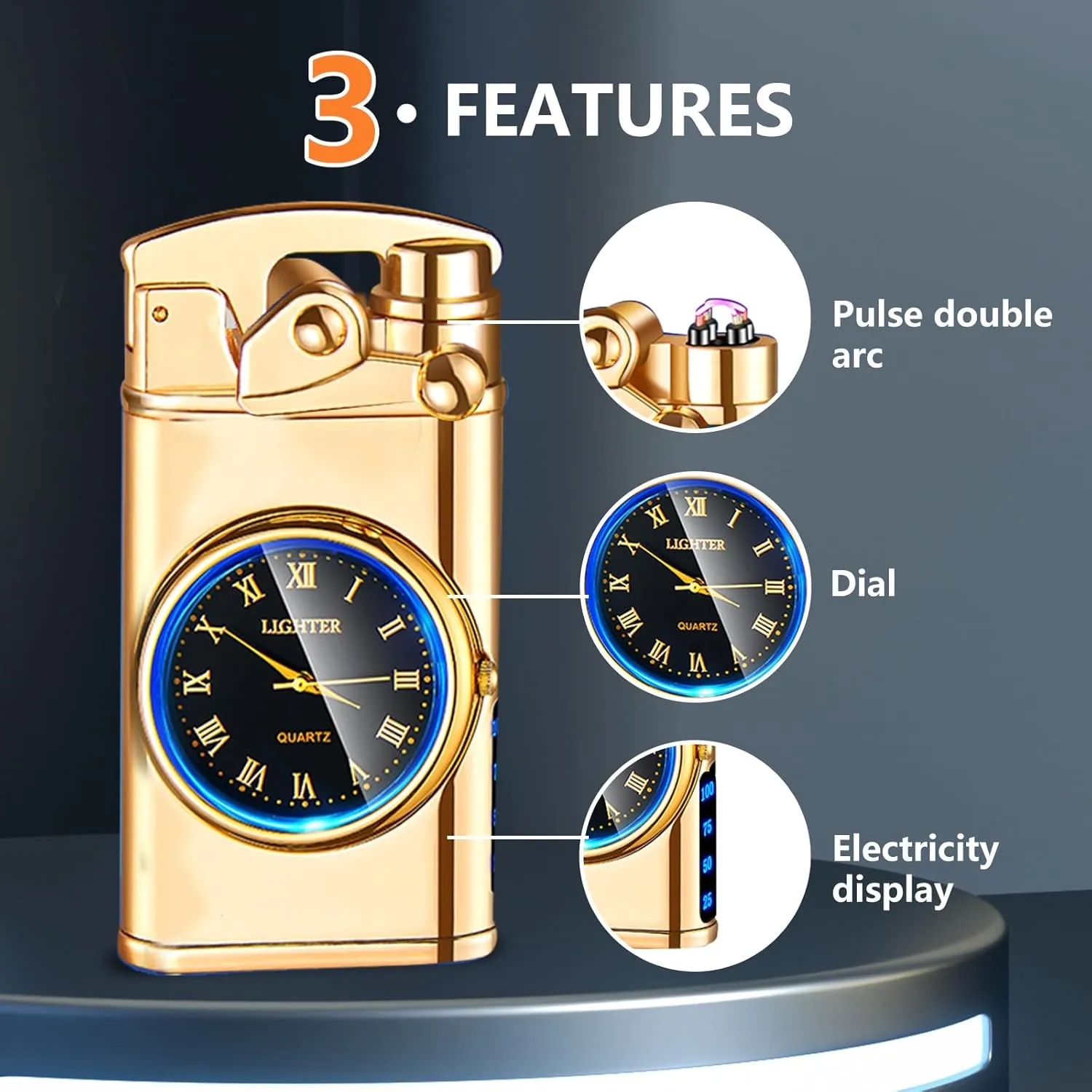 SKRFIRE Electric Plasma Electric Arc Lighter, Windproof Metal Lighters Luminous Real Watch dial LED Lighting (Gold)