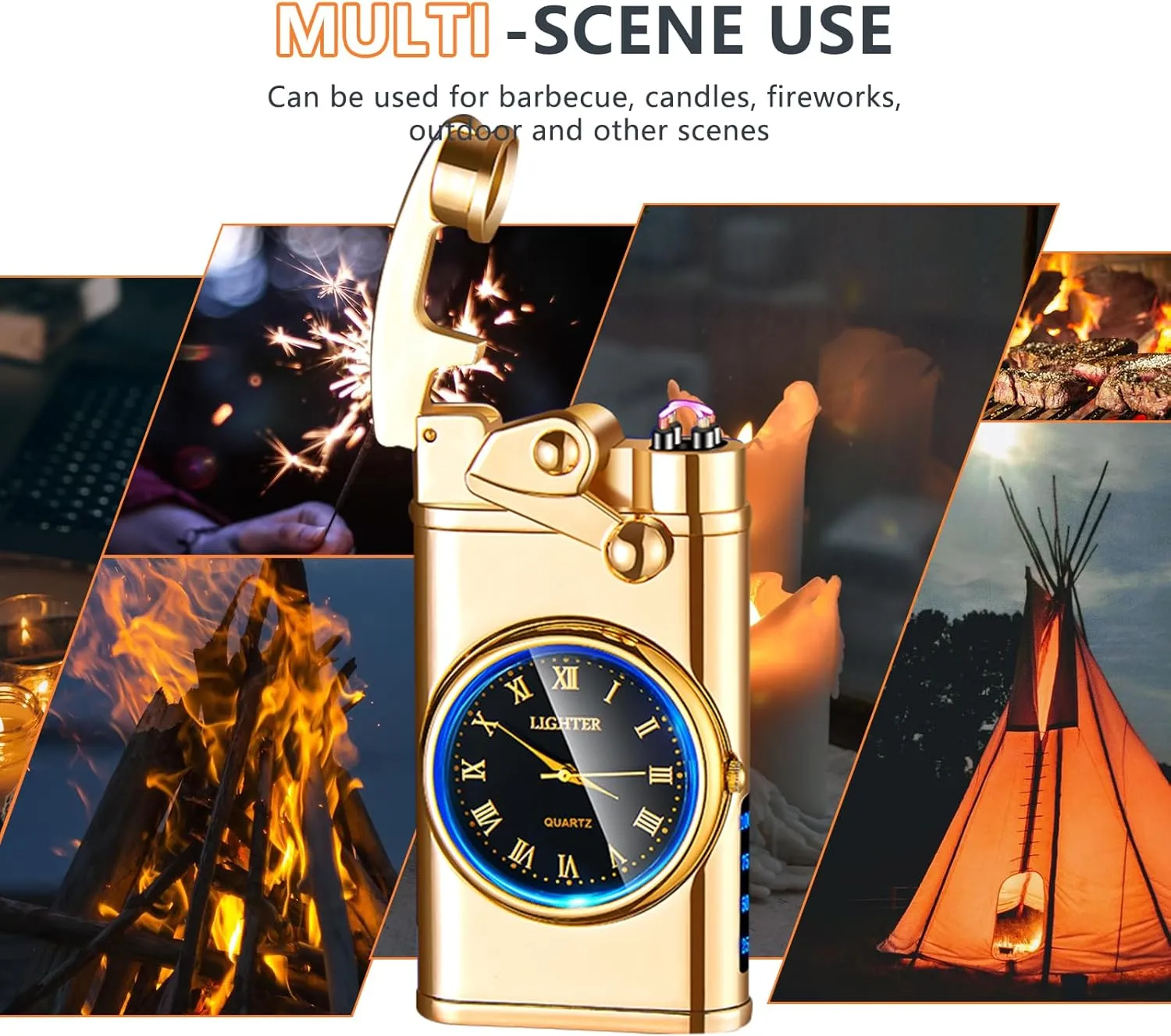 SKRFIRE Electric Plasma Electric Arc Lighter, Windproof Metal Lighters Luminous Real Watch dial LED Lighting (Gold)