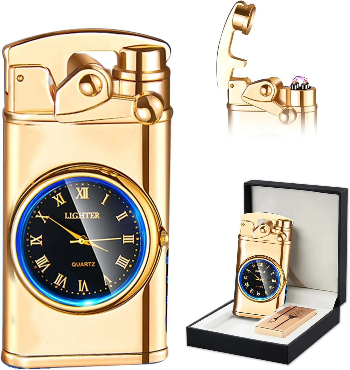 SKRFIRE Electric Plasma Electric Arc Lighter, Windproof Metal Lighters Luminous Real Watch dial LED Lighting (Gold)