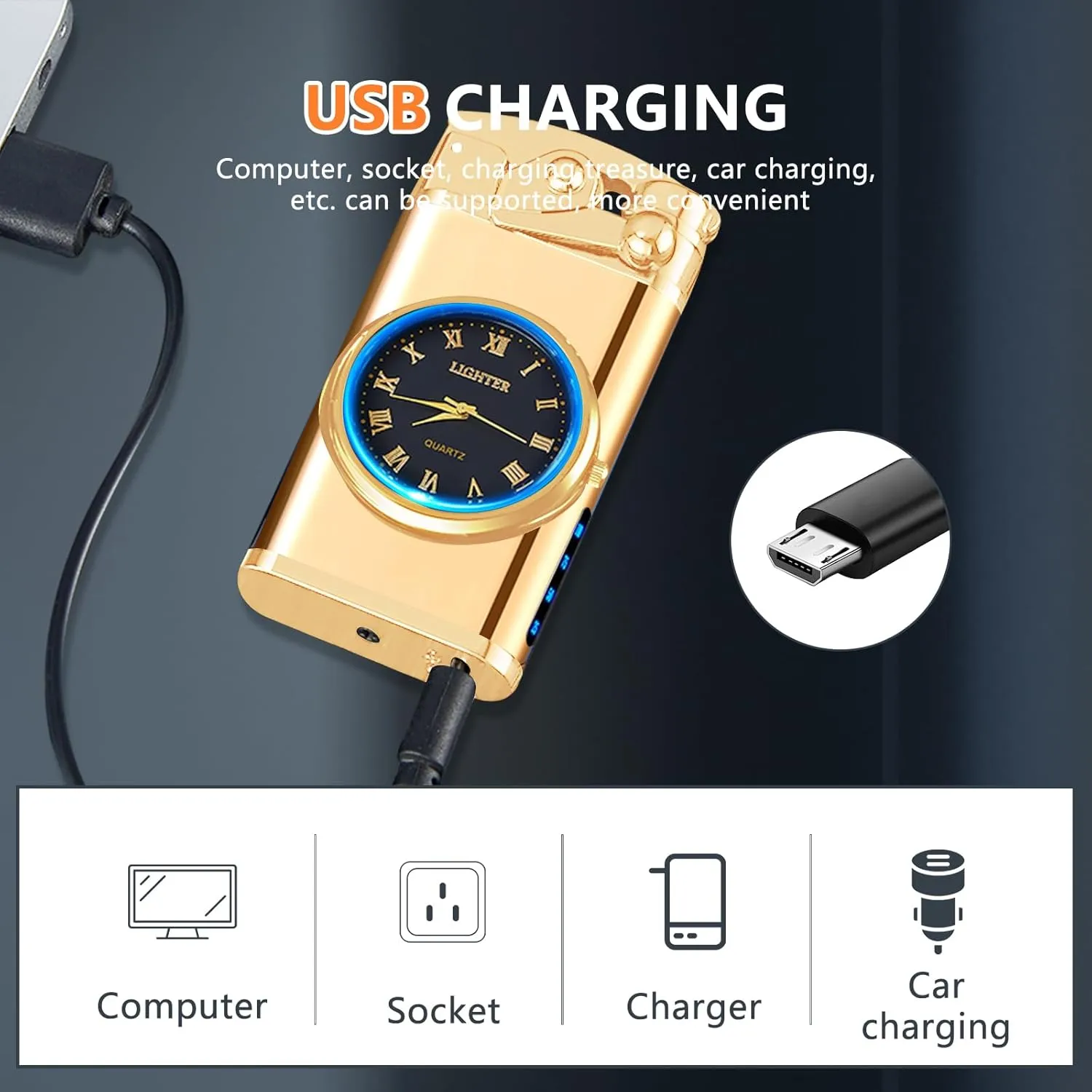 SKRFIRE Electric Plasma Electric Arc Lighter, Windproof Metal Lighters Luminous Real Watch dial LED Lighting (Gold)