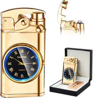 SKRFIRE Electric Plasma Electric Arc Lighter, Windproof Metal Lighters Luminous Real Watch dial LED Lighting (Gold)