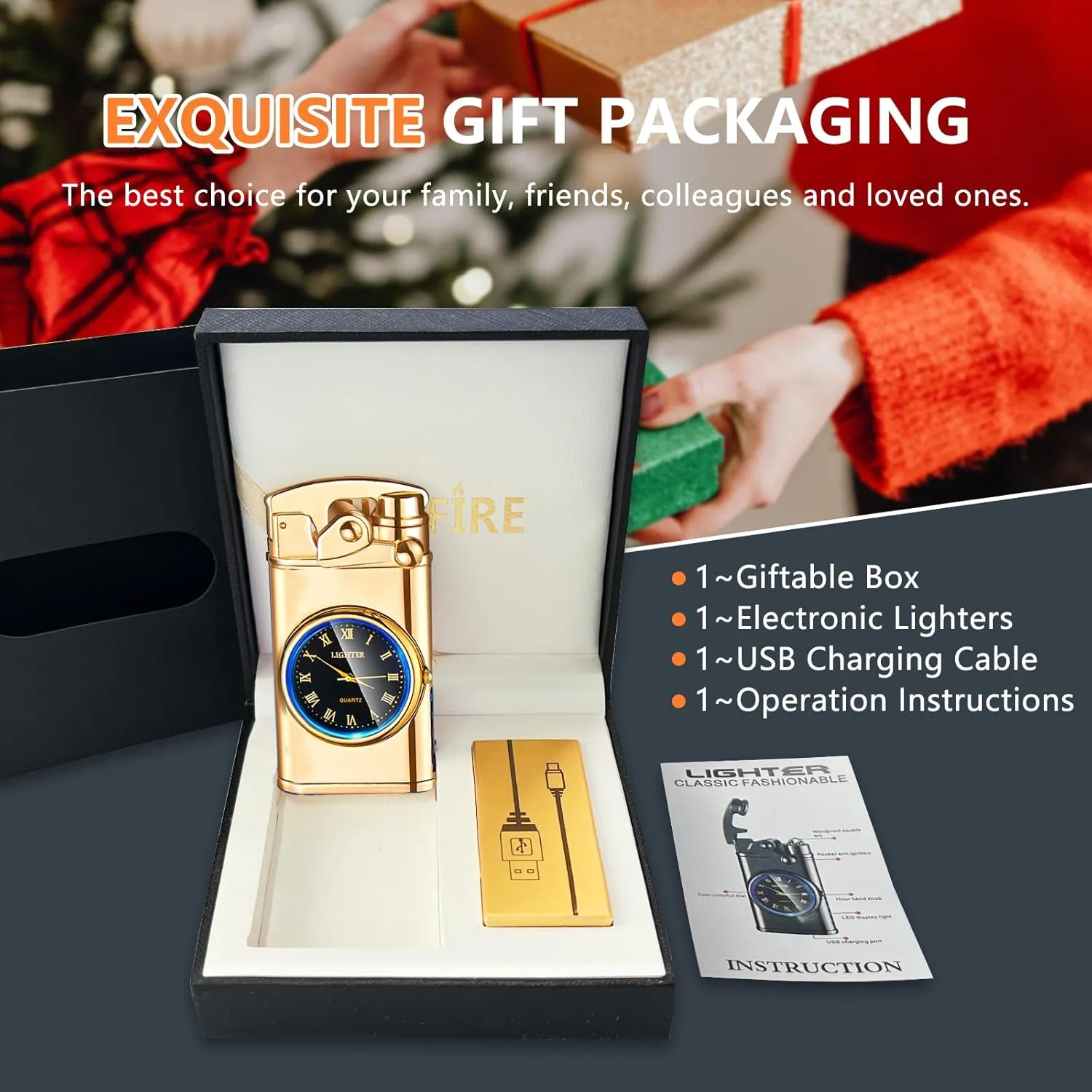SKRFIRE Electric Plasma Electric Arc Lighter, Windproof Metal Lighters Luminous Real Watch dial LED Lighting (Gold)