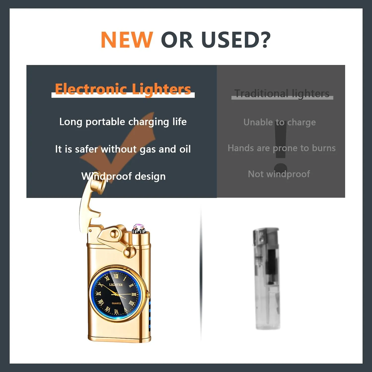 SKRFIRE Electric Plasma Electric Arc Lighter, Windproof Metal Lighters Luminous Real Watch dial LED Lighting (Gold)
