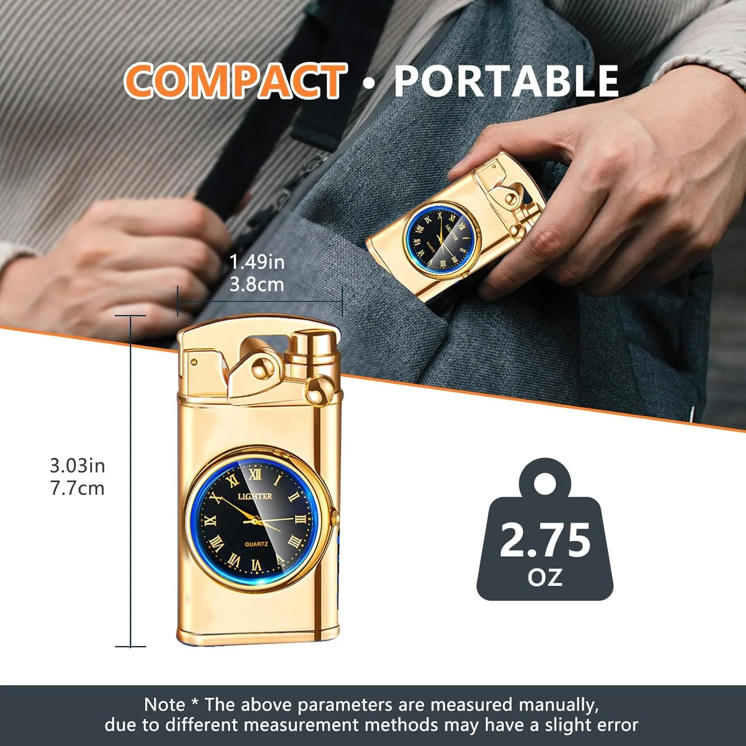 SKRFIRE Electric Plasma Electric Arc Lighter, Windproof Metal Lighters Luminous Real Watch dial LED Lighting (Gold)