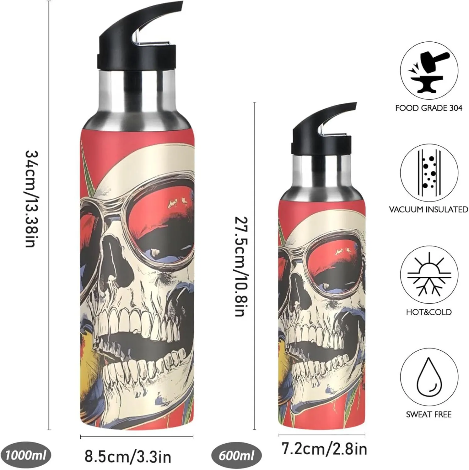 Skull Sunglasses Print Sports Bottle with Straw and Carry Loop for Gym, Camping, Workout, and Outdoors，Insulated Water Bottle Jug for All Day Hydration 33 OZ