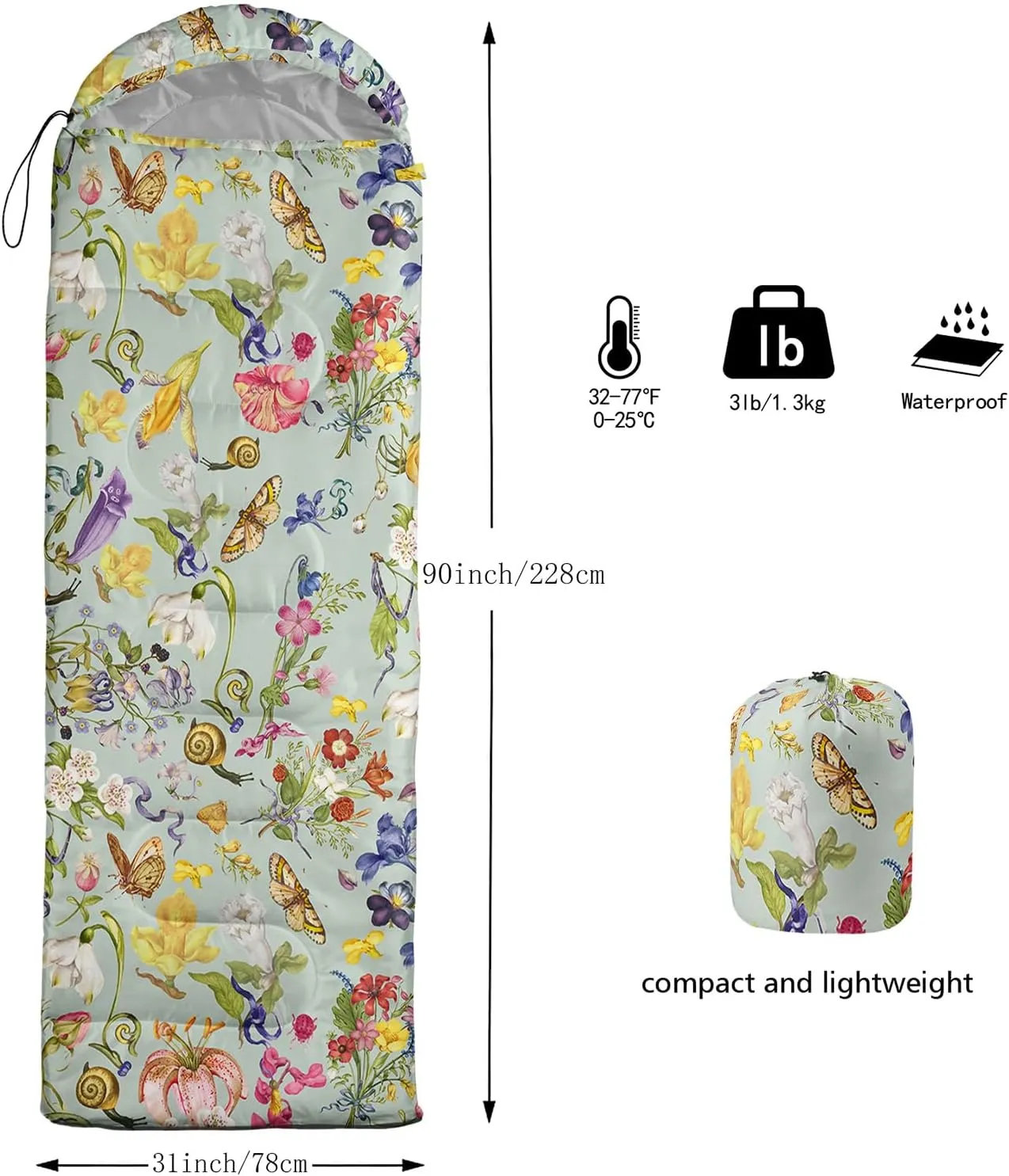 Sleeping Bags for Adults and Kids，3D Printing Camping Sleeping Bag for Girls Boys Lightweight Waterproof Cold/Warm 3-Season，Outdoor Travel with Compression Bags