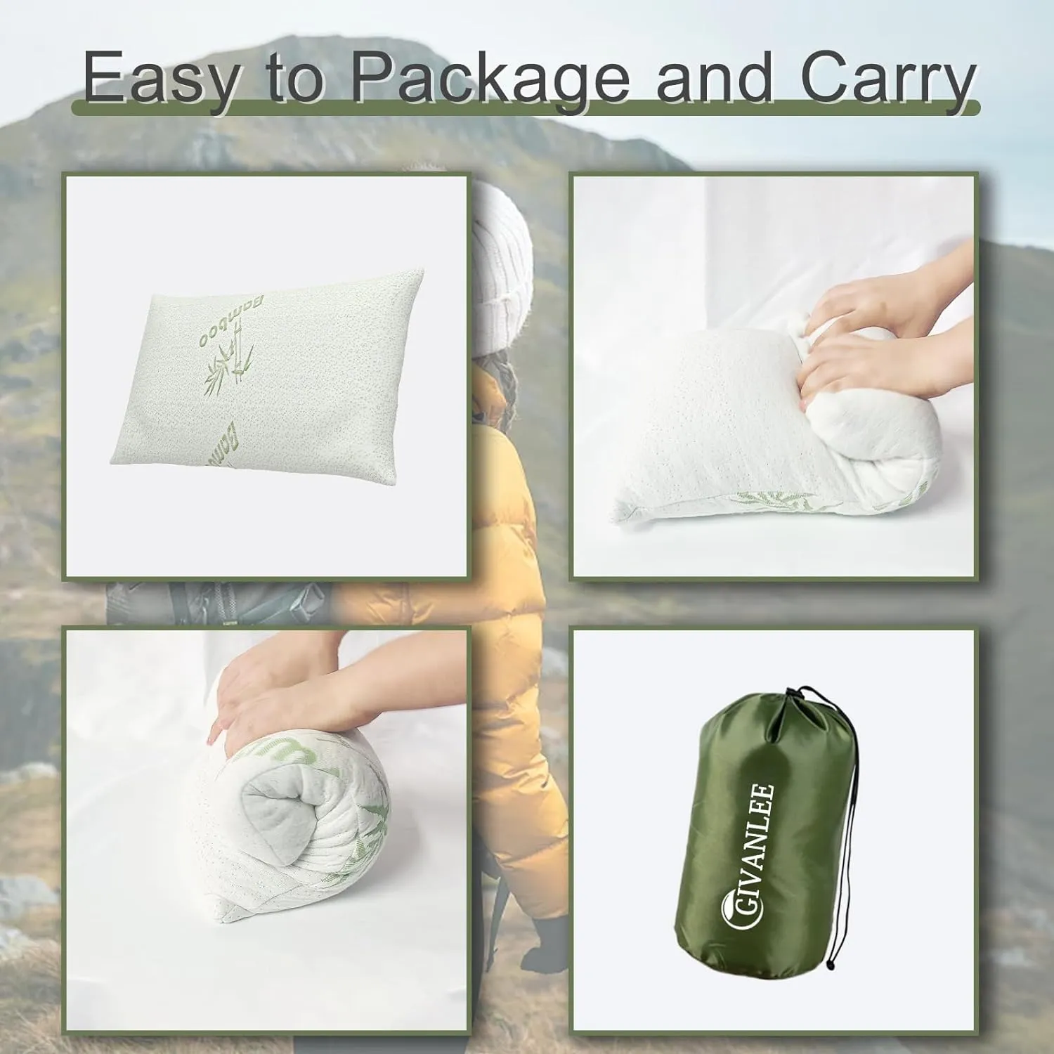 Small Camping Pillow for Sleeping,Filled with Shredded Memory Foam,Travel Pillow Compact & Packable with Storage Bag,Soft Cover,Portable Small Pillow for Camp Gear & Accessories