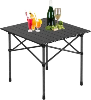 Small Camping Table, Foldable Beach Table with Aluminum Top, Portable Design for Outdoor Picnic, BBQ, Cooking, and Festivals with Carrying Bag Black 50×53×50cm/19.7×20.9×19.7in