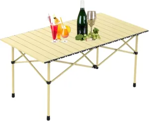 Small Camping Table, Foldable Beach Table with Aluminum Top, Portable Design for Outdoor Picnic, BBQ, Cooking, and Festivals with Carrying Bag Light Yellow 120×55×50cm/47×21×19.7in