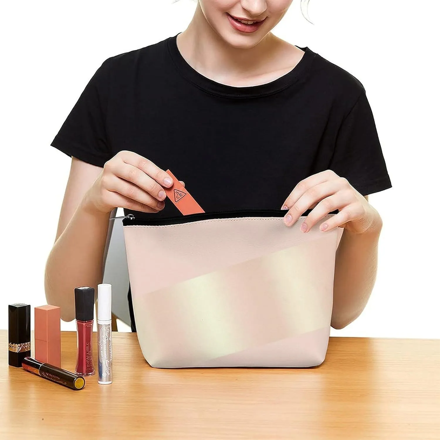 Small Cosmetic Bag, Elegant Modern Blush Pink Rose Gold Striped Makeup Bags Elegant Roomy Pouch for Women,Travel Toiletry Accessories Organizer