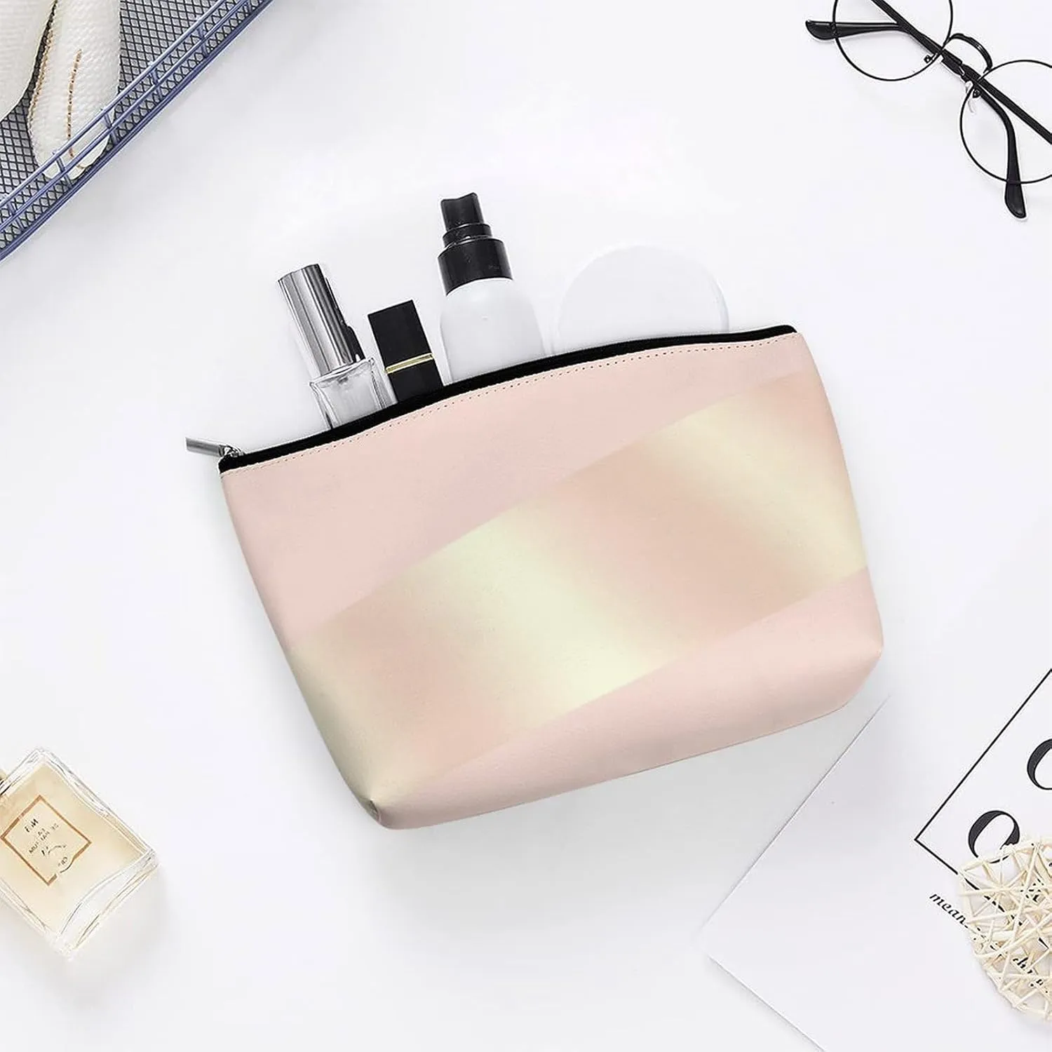 Small Cosmetic Bag, Elegant Modern Blush Pink Rose Gold Striped Makeup Bags Elegant Roomy Pouch for Women,Travel Toiletry Accessories Organizer