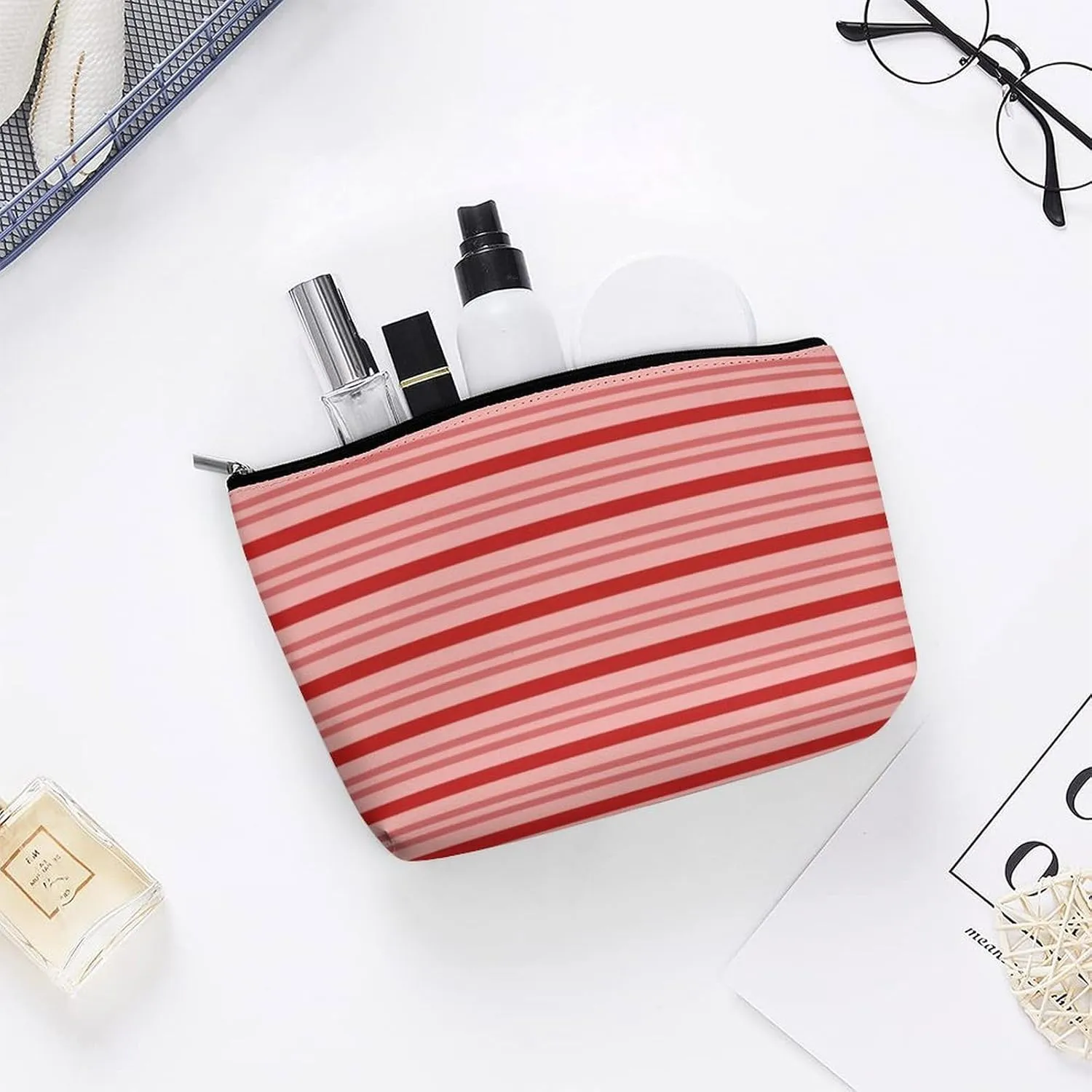 Small Cosmetic Bag, Red Candy Classic Stripes Makeup Bags Elegant Roomy Pouch for Women,Travel Toiletry Accessories Organizer