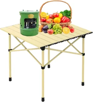 Small Folding Camping Table, Lightweight Aluminum Beach Table with Carry Bag, Perfect for Outdoor Cooking, Picnic, BBQ, and Festivals Light Yellow 50×53×50cm/19.7×20.9×19.7in