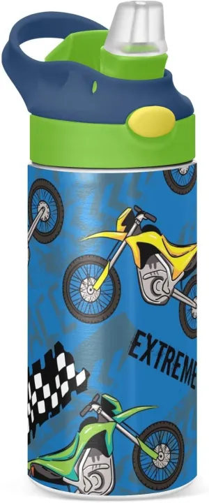 Small Water Bottle for Kid 12oz Motocross Riding Insulated Bottles with Straw Lid Stainless Steel Tumbler Vacuum Cup Thermal Bottles