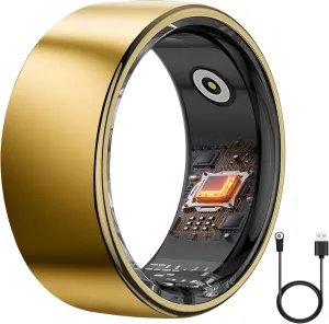 Smart Ring Health Tracker - 24/7 Fitness & Sleep Tracking with Heart Rate Monitor, IP68 Waterproof Activity Tracker for Men/Women, 50  Workout Modes, 7-Day Battery(Gold 12#)