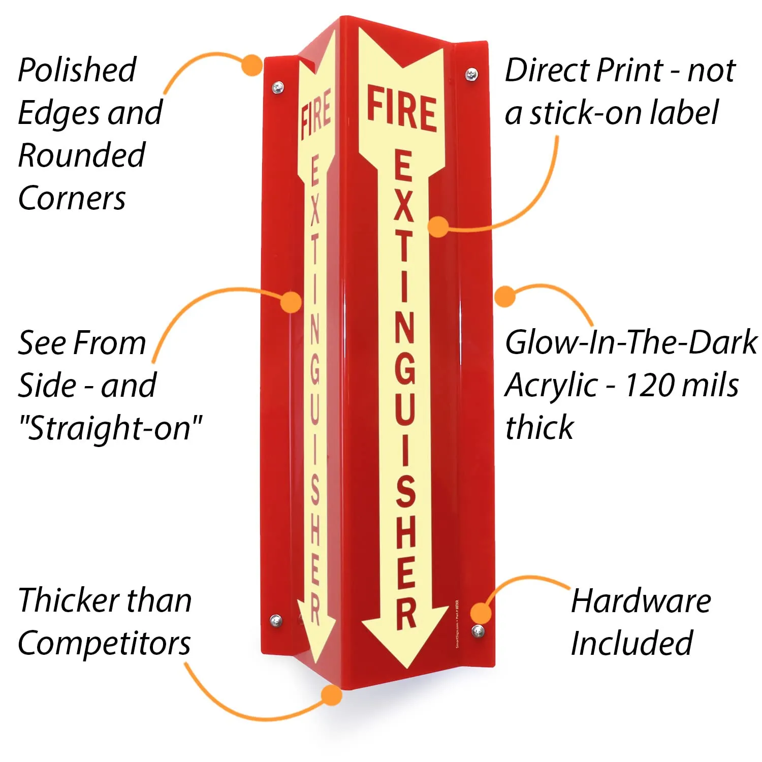 SmartSign "Fire Extinguisher" Two-Sided V-Shaped Projecting Sign with Down Arrow, 18 x 4 inch, 120 mil Thick Glow-In-The-Dark Polished Acrylic, Photoluminescent